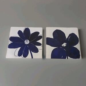 Navy Blue Wall Art Decor 2 Pieces Abstract Flower Print Framed Canvas